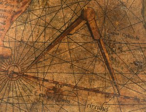 Terrestrische Globe, detail van de Stille Oceaan met een groot paar passers