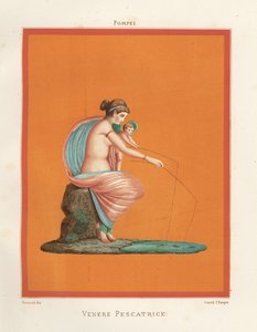 Muurschildering van Venus en Cupido die vissen met hengels uit een vijver. Gevonden in Regio V.V.3, het Huis van de Gladiatoren. Chromolithografie door Victor Steeger naar een illustratie van Geremia Discanno uit Emile Presuhn (1844-1878) De mooiste schild