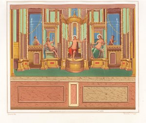 Muurschildering met Bacchus, Venus en Apollo uit een afgelegen zitgedeelte in een hoek van een tuin in de Domus M. Herenulli Communis of Huis van Apollo, Reg. VI, Ins. VII, No. 23 door Geremia Discanno