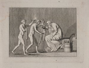 Allegorie met drie jongemannen en een oude man in antieke kleding door Gerhard Ludvig Lahde