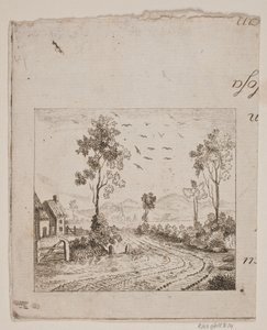 Landschap met huis bij weg met boom en vliegende vogels door Gerhard Ludvig Lahde