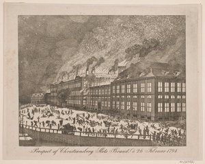 Gezicht op de brand van het Christiansborgslot op 26 februari 1794