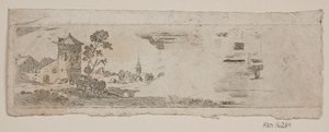 Proefblad van landschap met kasteel en kerk door Gerhard Ludvig Lahde