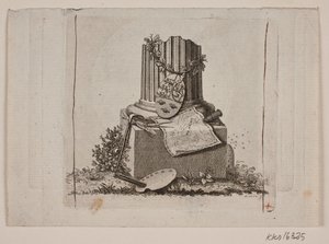 Vignet met gebroken zuil en de wapens van de drie noordelijke koninkrijken door Gerhard Ludvig Lahde