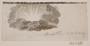 Vignet met de wapens van de drie noordelijke koninkrijken in de wolken voor de zon door Gerhard Ludvig Lahde