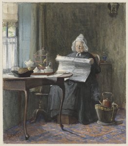 Interieur met een vrouw die de krant leest