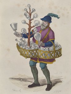 Glas- en Kristalverkoper in de Vijftiende Eeuw, uit Costumes de Paris a Travers les Siecles, gepubliceerd 1887