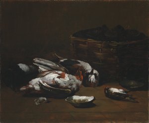 Stilleven met dode vogels en een mand met oesters, circa 1860-1880 door Germain Ribot
