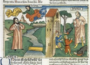 2 Koningen 2:1-24 Elia stijgt op naar de hemel in een wervelwind en de jongens die Elisa bespotten worden door beren opgegeten, uit de Neurenbergse Bijbel (Biblia Sacra Germanaica)