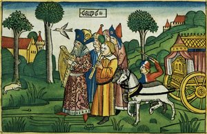 2 Samuel 6:1-5 David brengt de Ark naar Jeruzalem, uit de Neurenbergse Bijbel (Biblia Sacra Germanaica)