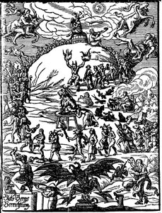 Een sabbatceremonie, een geit die de duivel voorstelt in het midden, omringd door heksen en demonen. Duitse gravure uit de 16e eeuw door German School