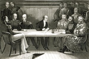 Een conferentie op Chusan tussen Commodore Bremer en Chang, een Chinese ambtenaar, aan boord van de HMS Wellesley, 4 juli 1841