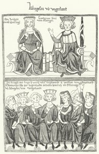 Een afbeelding van de Sangerkrieg, een wedstrijd tussen minstrelen op het Wartburg-kasteel in Thüringen in 1207, uit de Codex Manesse door German School