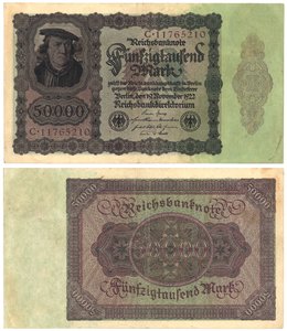 Een bankbiljet van vijftigduizend mark, 1922 (recto en verso)