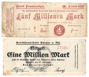 Een bankbiljet van vijf miljoen en één miljoen mark, 1923 door German School