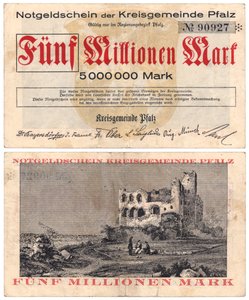 Een bankbiljet van vijf miljoen mark, ca. 1923 door German School