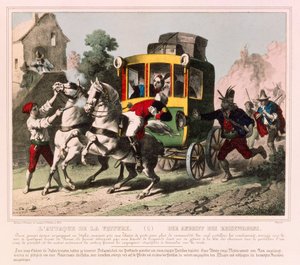 Een pasgetrouwd stel wordt aangevallen door struikrovers in Italië, prentenblad gepubliceerd door Gangel & P. Didion, Metz, ca. 1850 door German School