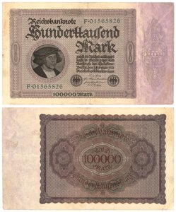 Een bankbiljet van honderdduizend mark, 1923 (recto en verso)