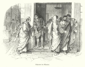 Een zwerm klanten buiten een bedrijf in het oude Rome door German School