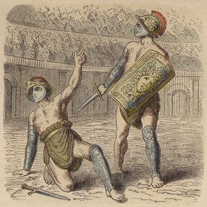 Een gewonde Romeinse gladiator smeekt het publiek om zijn leven