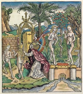 Adam en Eva worden verbannen uit Eden, gepubliceerd in de Neurenberg Kroniek, 1493