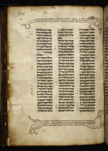 Add. 21160, f.188, Micrografie van twee honden die een hert achtervolgen, boom met vogels en een draak, bij Numeri (h. 2-3)