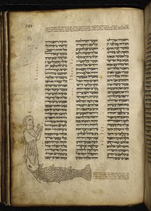 Add. 21160, f.292, Micrografie van Jona die wordt opgeslokt door de vis, bij de tekst van Jona, de haftarah voor de middagdienst van Yom Kipoer (perkament)