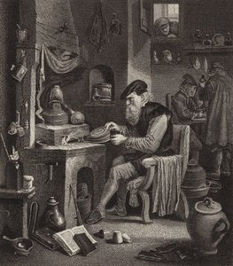 Alchemist aan het werk. Illustratie voor Bilder-Atlas (gravure) door German School