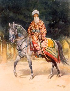 Een Gewapende Krijger op een Turkoman Paard in Traditionele Kleding