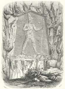 Oud-Egyptisch reliëf dat vermoedelijk de farao Sesostris of Ramses II afbeeldt (gravure) door German School