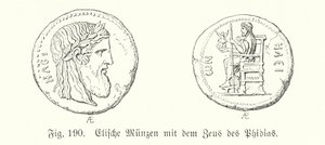 Oude Griekse munten uit Elis met afbeeldingen van de Zeus van Phidias door German School