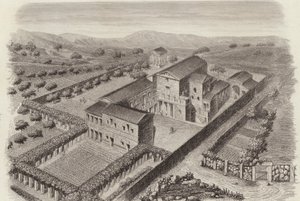 Oud-Grieks landhuis in Al-Barah, Syrië. Illustratie voor Bilder-Atlas (gravure) door German School