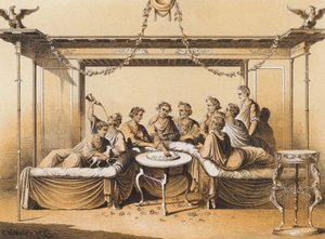 Oude Romeinen genieten van een maaltijd (kleurenlitho)