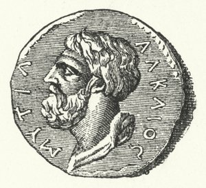 Oude munt met het hoofd van de Griekse dichter Alcaeus van Mytilene