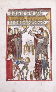 Apothekers en drankjes, met twee vechtende jongens op de voorgrond, 1491 door German School