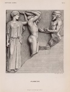 Atlas brengt Heracles de appels van de Hesperiden in aanwezigheid van Athena, metope van de Tempel van Zeus, Olympia, Griekenland door German School