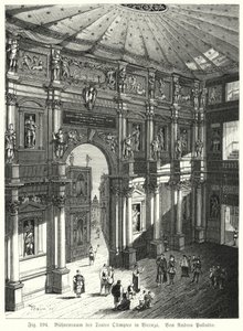 Auditorium en podium van het Teatro Olimpico, Piacenza, Italië, ontworpen door Andrea Palladio (gravure) door German School