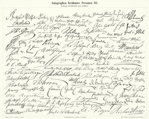 Handtekeningen van beroemde mensen: Duitse schrijvers en wetenschappers (gravure)