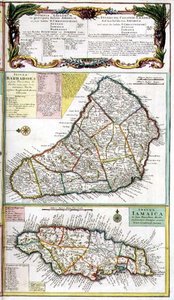 Barbados en Jamaica, detail van een kaart van Engelse koloniën in het Caribisch gebied, uitgegeven door Homanns erfgenamen, Neurenberg, ca. 1750 (detail) door German School