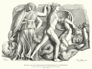 Slag tussen de Goden en Titanen en reuzen, Oud-Grieks reliëf uit Pergamon door German School