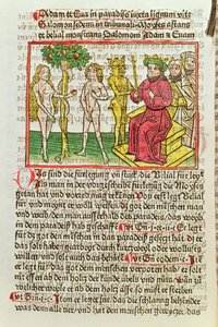 Belial presenteert Adam en Eva aan Salomo, illustratie uit een Duitse vertaling van Das Buch Belial, 1473 (gekleurde houtsnede) door German School