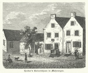 Geboorteplaats van de Duitse auteur, filosoof en Lutherse theoloog Johann Gottfried von Herder, Mohrungen (gravure)