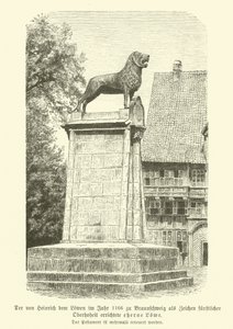 Bronzen leeuw opgericht door Hendrik de Leeuw in Braunschweig in 1166 (gravure) door German School