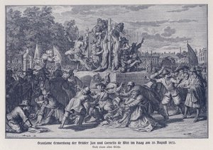 Brutale moord op de gebroeders Jan en Cornelis de Witt door een Oranjegezinde menigte, Den Haag, Nederland, 20 augustus 1672 (litho) door German School
