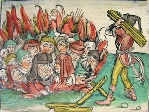 Verbranding van de Joden, gepubliceerd in de Neurenberg Kroniek, 1493 door German School
