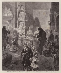 Kaarsen te koop in de vestibule van een kerk in Sint-Petersburg, Rusland, met Kerstmis (gravure)