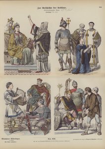 Karolingische Frankische kostuums, 8e eeuw (gekleurde gravure)