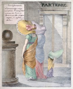 Spotprent die de mode belachelijk maakt voor dames om enorme hoeden te dragen, circa 1820 door German School