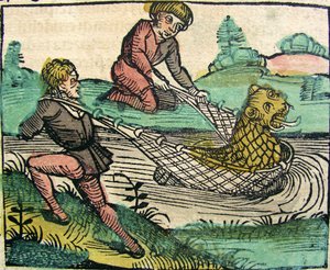 Vangen van een Leeuw Kat vis Monster, gepubliceerd in de Neurenberg Kroniek, 1493