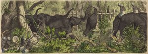 Olifanten vangen in Ceylon (gekleurde gravure)